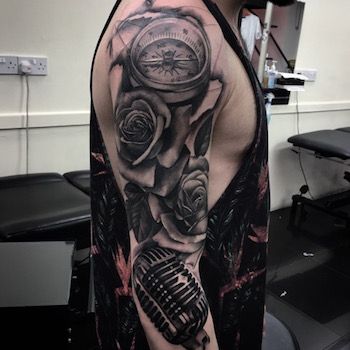 Microphone Rose Compass Tattoo