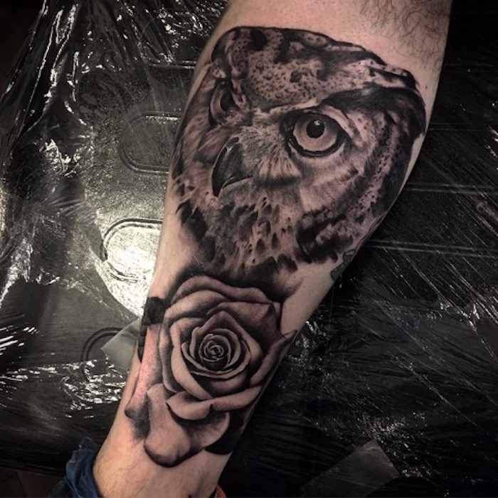 Owl and rose tattoo