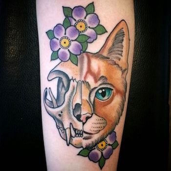 Cat and Flowers Neo Traditional Tattoo