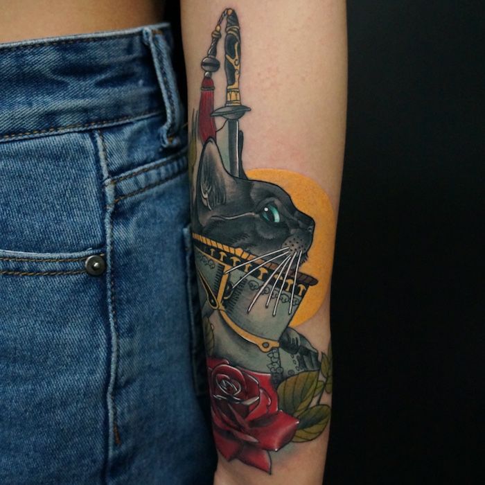 A Cat Rose and Dagger Tattoo