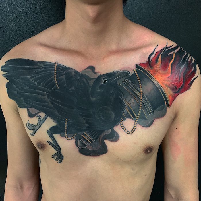 A Crow and Fire Neo Traditional Tattoo