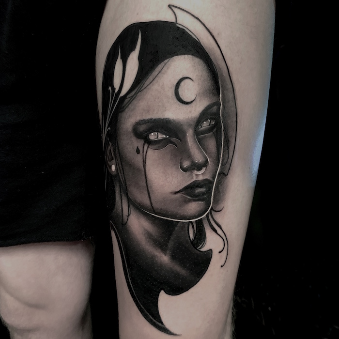 Black and Grey Moon Girl Tattoo