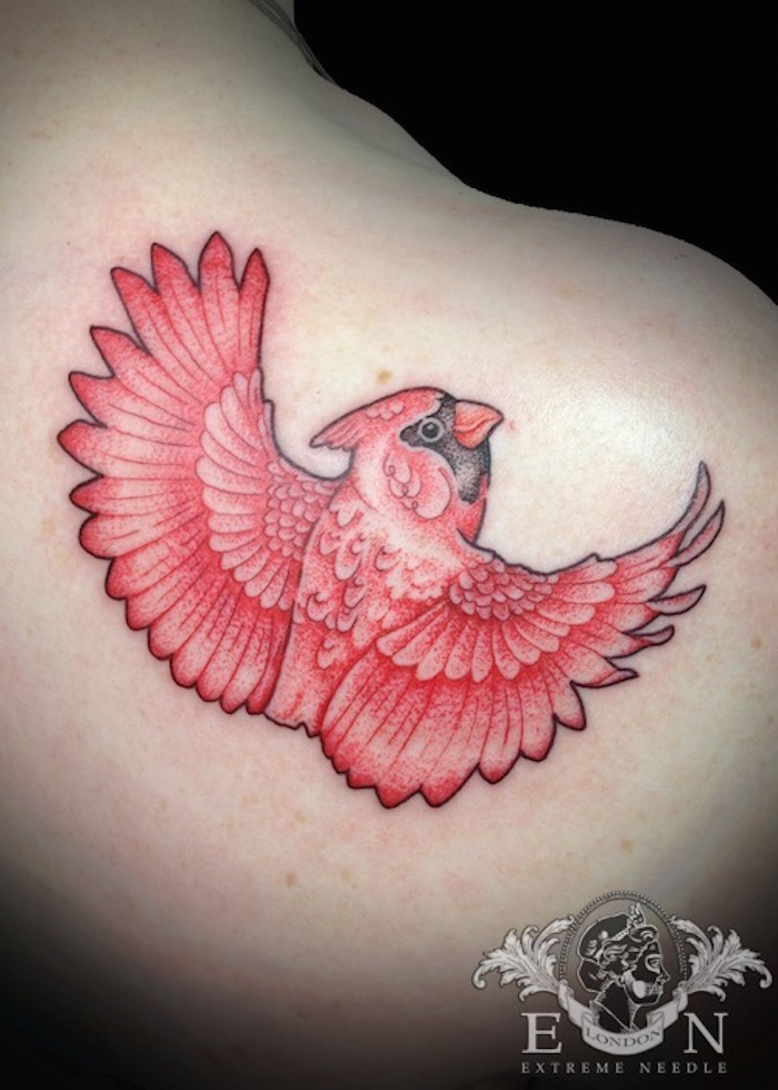 Red bird dotwork tattoo